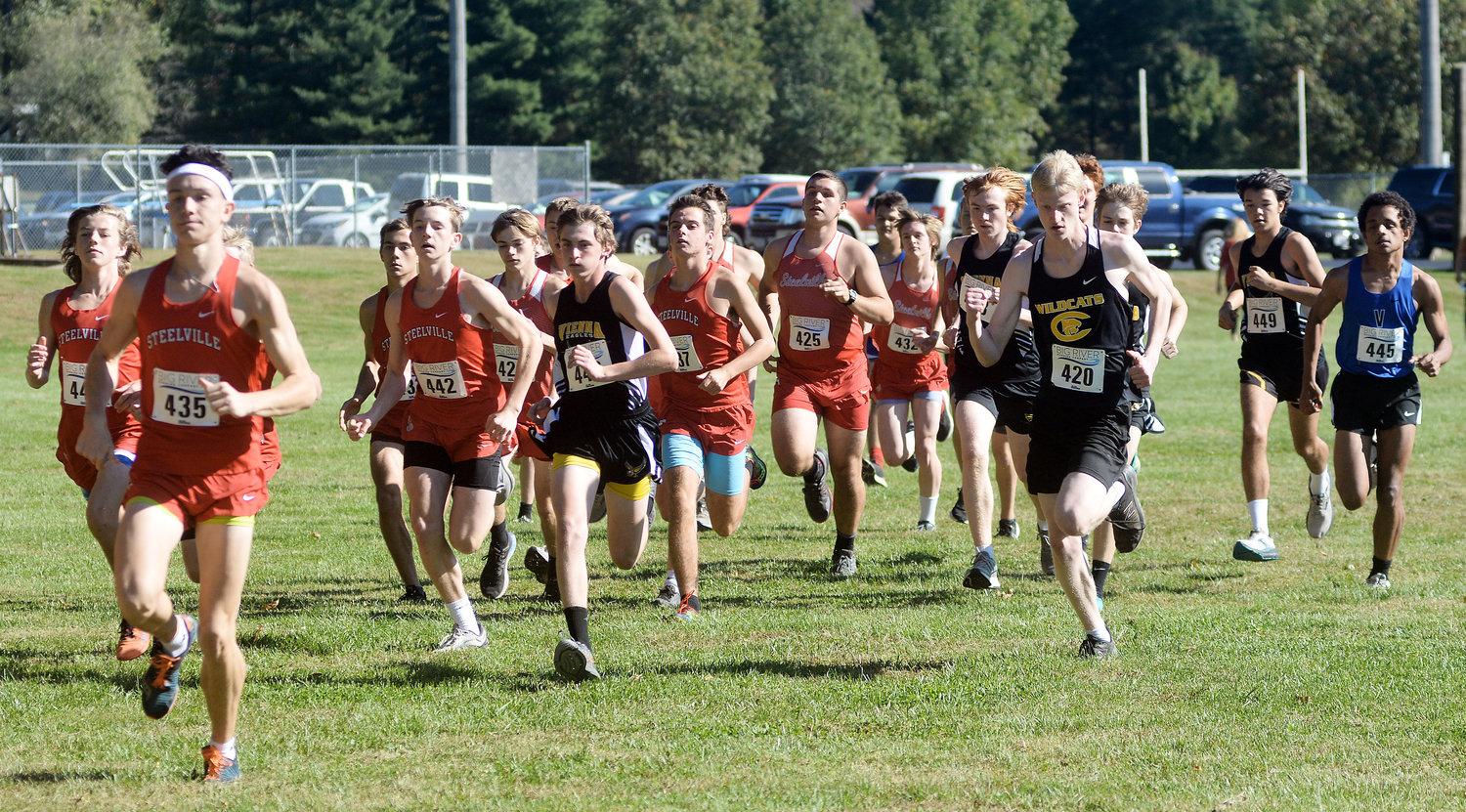 Vienna Eagle harriers (above, from left) Cooper Auten, Kamden George, Danniel Casey (hidden), Duncan Wilkinson and Jackson Kilmer were among the varsity boys in the field during the Gasconade Valley Conference (GVC) Cross Country meet held Friday afternoon at Steelville Community Park.